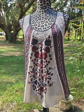Taylor & Sage Cream Floral Lace-Trim Tank with Burgundy & Navy Accents